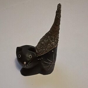 Vintage Hand Carved Hand Painted Wood Folk Art Black Cat w Long Tail Pet Animal